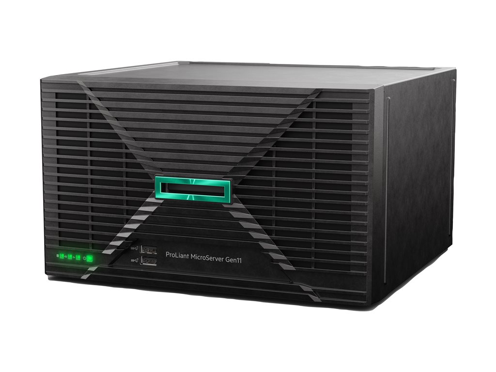 HPE ProLiant MicroServer Gen11 Smart Choice Modell, Pentium G7400 (3.7GHz / 2c / 4t), 1x 16GB, Intel VROC SATA SW RAID, 4x NHP LFF Slots, 1x 1TB SATA HDD (801882-B21), 4x 1G RJ45 (BCM5719), iLo6 Kit, ext. 180W Netzteil, Garantie 1-1-1